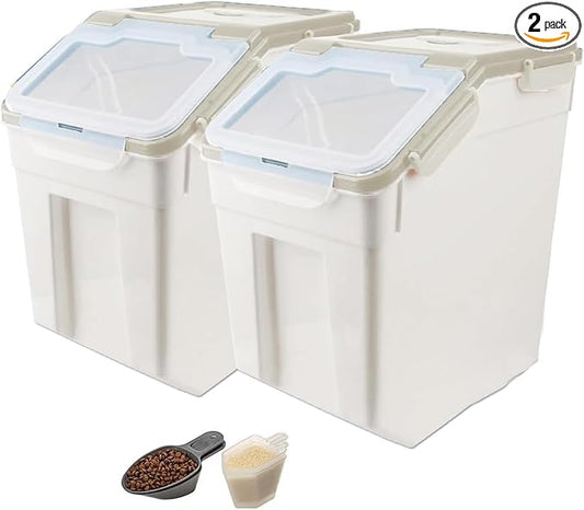 RUIAN 2Pcs Large Flour Storage Container Bin 50Lb Airtight Rice Storage Containers with Wheels Seal Locking Lid, BPA Free with Measuring Cup&Scoop for Flour, Rice, Grain 100LBS Total (Grey)
