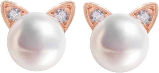 S.Leaf Cat Earrings Pearl Earrings Sterling Silver Earrings for Women Cat Memorial Gifts Cat Gifts for Cat Lovers Cat Jewelry for Women