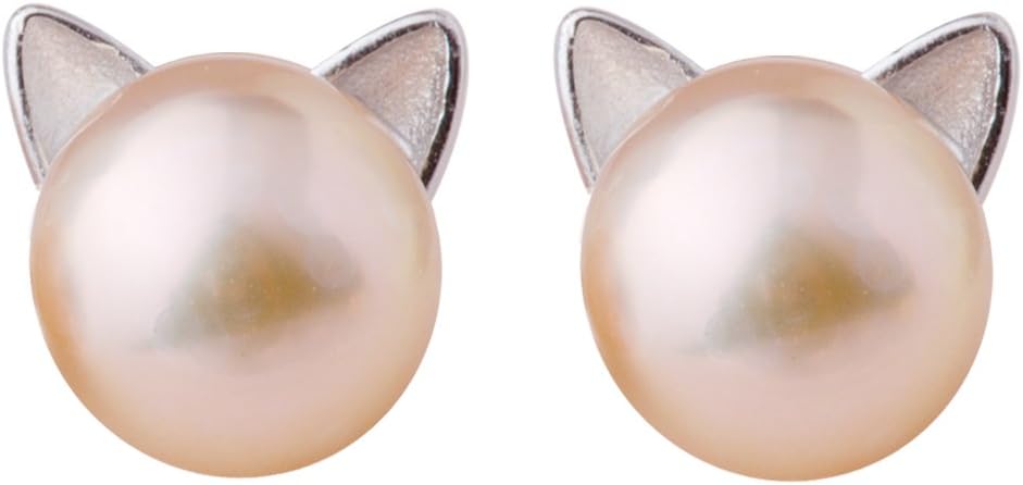 S.Leaf Cat Earrings Pearl Earrings Sterling Silver Earrings for Women Cat Memorial Gifts Cat Gifts for Cat Lovers Cat Jewelry for Women