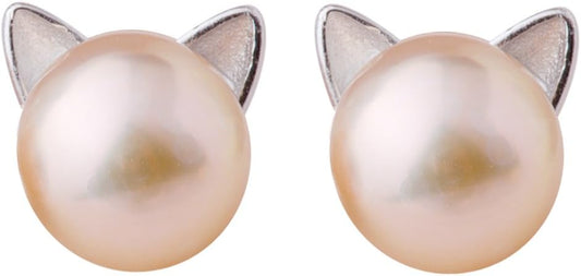 S.Leaf Cat Earrings Pearl Earrings Sterling Silver Earrings for Women Cat Memorial Gifts Cat Gifts for Cat Lovers Cat Jewelry for Women