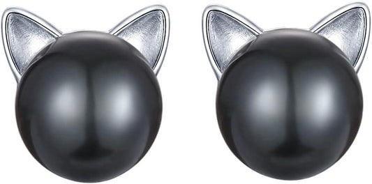 S.Leaf Cat Earrings Pearl Earrings Sterling Silver Earrings for Women Cat Memorial Gifts Cat Gifts for Cat Lovers Cat Jewelry for Women