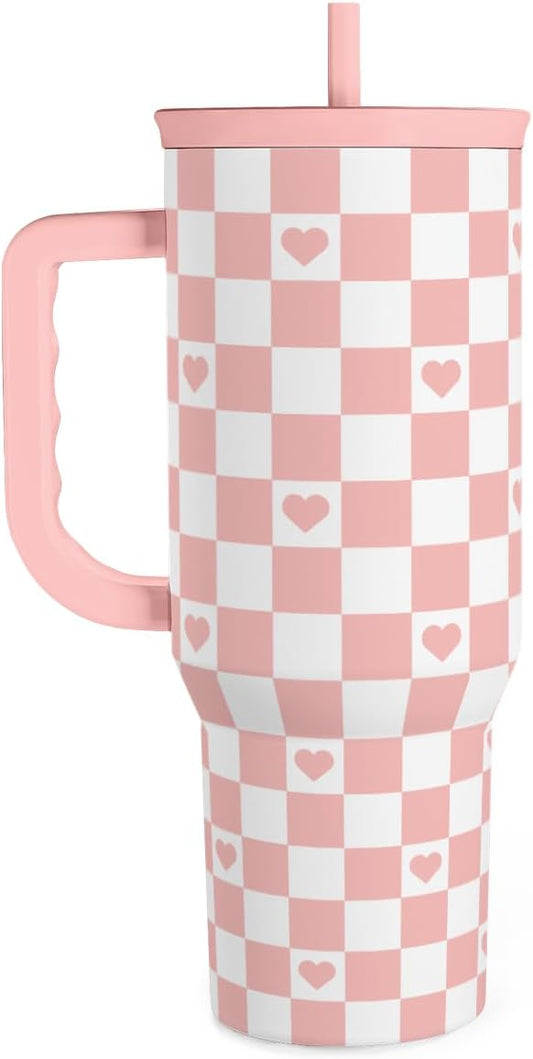 SANDJEST 40oz Checkered and Heart Tumbler with Handle and Straw - Insulated Stainless Steel Travel Coffee Mug for Women Girls, Gift for Birthday, Christmas