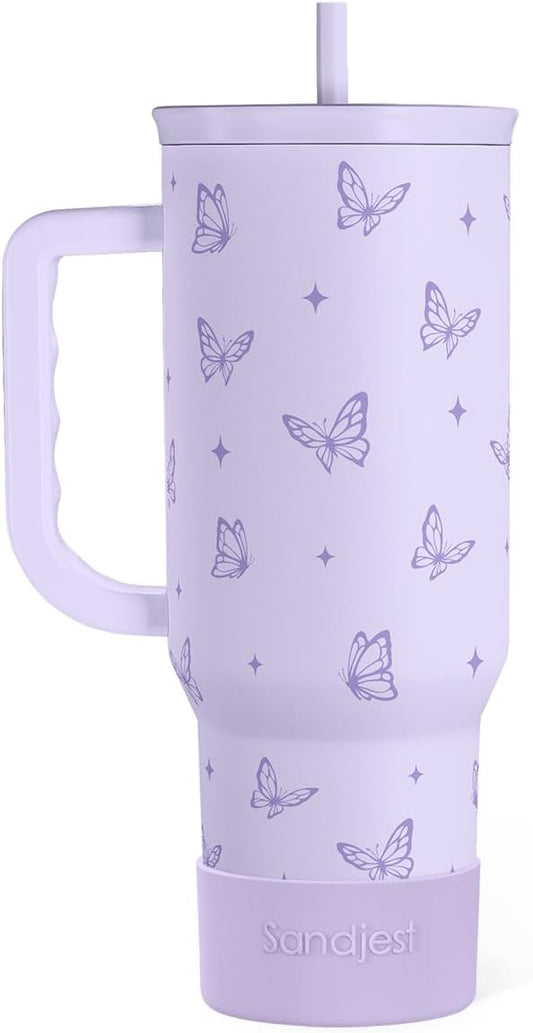 SANDJEST Butterfly Gifts for Women, Butterfly Tumbler with Handle, Stainless Steel Insulated Coffee Travel Mug Cup, Gifts for Women Girls on Birthday Christmas, 40oz