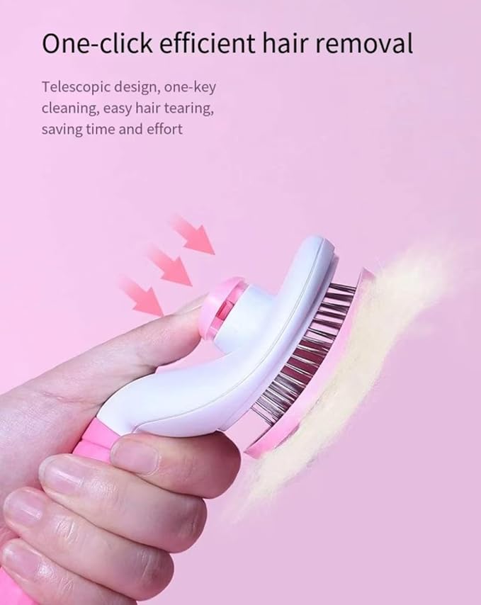 Self cleaning sliding brush, cat comb pet massage tool for all long or short pets, hair cleaner, removing tangled and loose hair, cat brush with release button (Pink)