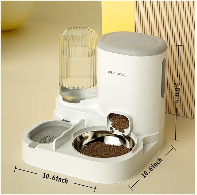 Automatic Cat Feeder & Water Dispenser - Dual Container for Dry/Wet Food, Two-in-One Upgraded Gravity Feeder and Water Dispenser Combo Set for Cats and Dogs. (Grey)