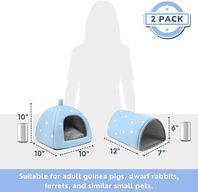 Guinea Pig Hideout and Tunnel Set, Soft Plush Bed & Play Tunnel for Guinea Pigs, Rabbits, Ferrets, Small Animals - Washable Accessories for Resting, Hiding, Exercising