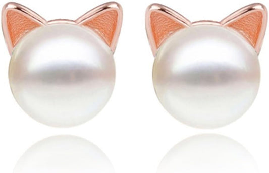 S.Leaf Cat Earrings Pearl Earrings Sterling Silver Earrings for Women Cat Memorial Gifts Cat Gifts for Cat Lovers Cat Jewelry for Women