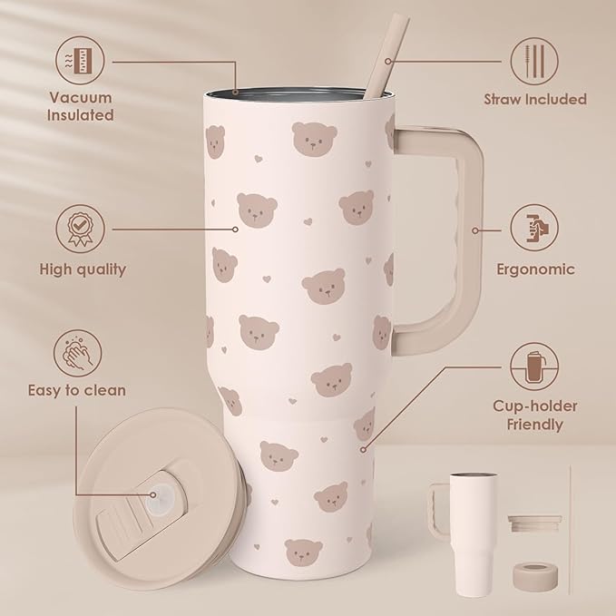 SANDJEST Bear Tumbler with Handle, Insulated Cup Stainless Steel Travel Mug Cup, Gifts for Women Girl, 40oz