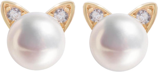 S.Leaf Cat Earrings Pearl Earrings Sterling Silver Earrings for Women Cat Memorial Gifts Cat Gifts for Cat Lovers Cat Jewelry for Women