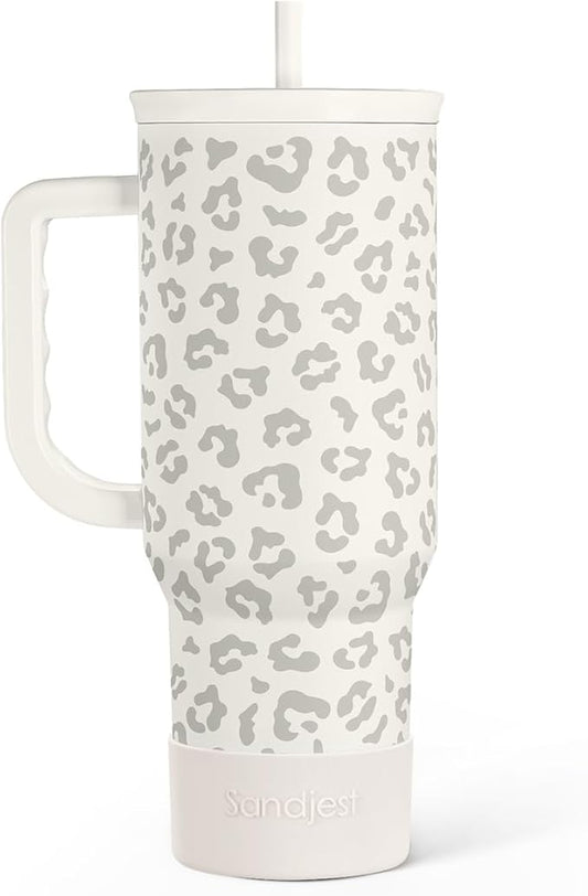 SANDJEST Leopard Tumbler with Handle, Insulated Cup Stainless Steel Travel Mug Cup, Gifts for Women Girl on Birthday Christmas, Cream Leopard, 40oz