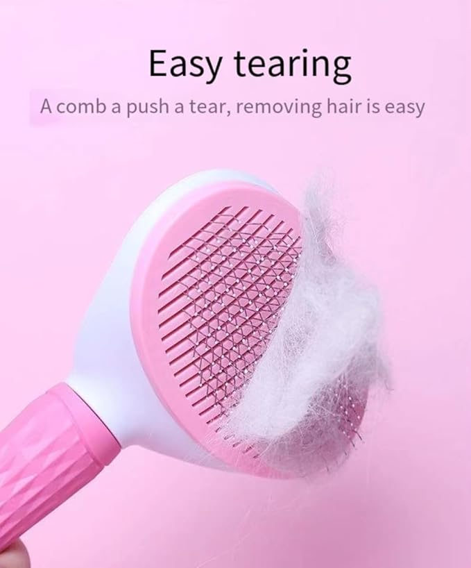 Self cleaning sliding brush, cat comb pet massage tool for all long or short pets, hair cleaner, removing tangled and loose hair, cat brush with release button (Pink)