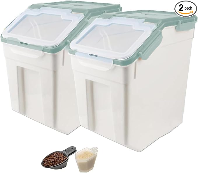RUIAN 2Pcs Large Flour Storage Container Bin 50Lb Airtight Rice Storage Containers with Wheels Seal Locking Lid, BPA Free with Measuring Cup&Scoop for Flour, Rice, Grain 100LBS Total (Green)