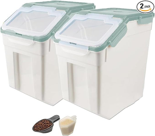 RUIAN 2Pcs Large Flour Storage Container Bin 50Lb Airtight Rice Storage Containers with Wheels Seal Locking Lid, BPA Free with Measuring Cup&Scoop for Flour, Rice, Grain 100LBS Total (Green)