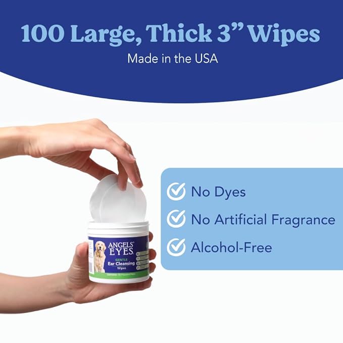 ANGELS' EYES Ear Cleansing Wipes for Dogs & Cats, Removes Dirt, Wax, Odor, Help Reduce Infections & Itching, No Artificial Colors or Fragrance, 100ct