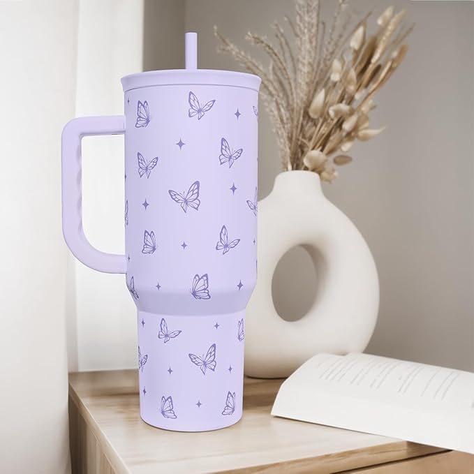 SANDJEST Butterfly Gifts for Women, Butterfly Tumbler with Handle, Stainless Steel Insulated Coffee Travel Mug Cup, Gifts for Women Girls on Birthday Christmas, 40oz