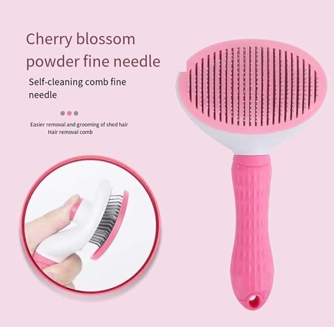 Self cleaning sliding brush, cat comb pet massage tool for all long or short pets, hair cleaner, removing tangled and loose hair, cat brush with release button (Pink)