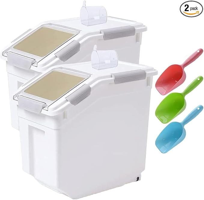 RUIAN 2pcs Food Container, Food Storage Box With Lid and Shovel, Airtight Flour Storage Container 25 lb Rice Storage Container with Wheels for Kitchen Flour, Rice, Grain,（Gray）