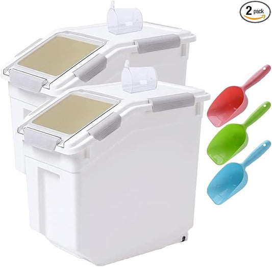 RUIAN 2pcs Food Container, Food Storage Box With Lid and Shovel, Airtight Flour Storage Container 25 lb Rice Storage Container with Wheels for Kitchen Flour, Rice, Grain,（Gray）