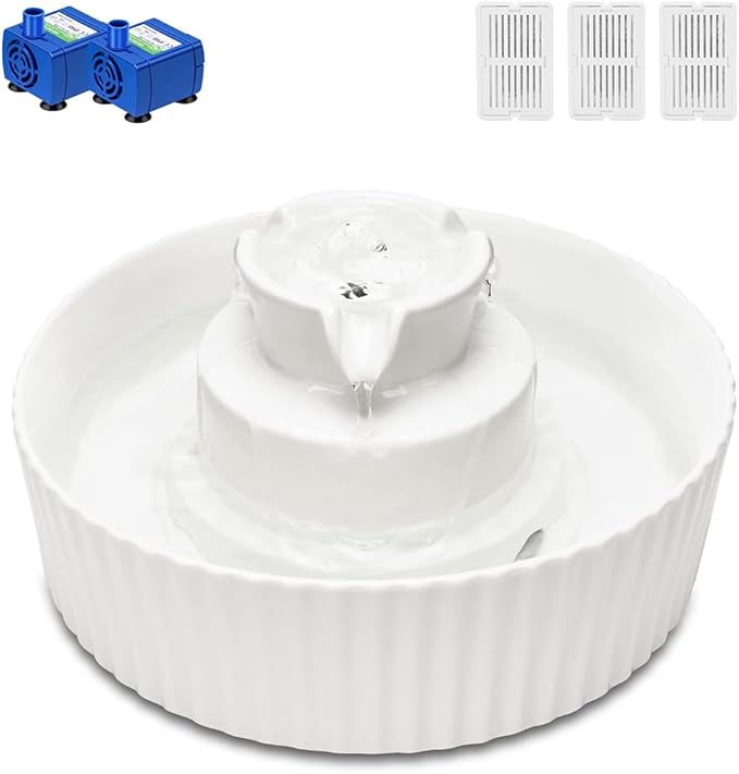 Ceramic Cat Water Fountain, 2.1L/71oz Cupcake Pet Water Fountain for Dog and Cat Indoor, 2 Ultra Quiet Pumps & 3 Filters