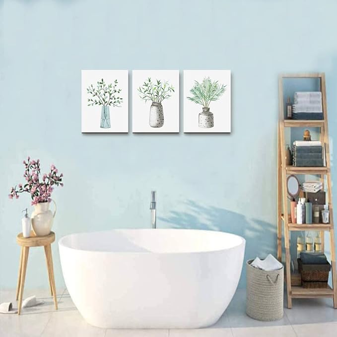 AHUASJART Canvas Wall Art Paintings For Kitchen Dining Room Large Size Wall Decor Living Room Wall Decoration For Bedroom Office Decor Green Leaf Vase Wall Pictures Artwork For Home Walls 3 Piece