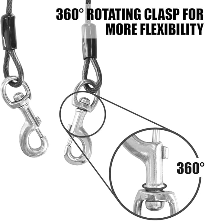 BV Dog Tie Out Cable 25 Feet - Heavy Duty Dog Lead Up to 250 Pounds - Reflective & Rust-Free with Quick Release Swivel Clips & 360° Rotating Clasp - Tangle-Free Dogs Runner for Yard (Grey, Single)
