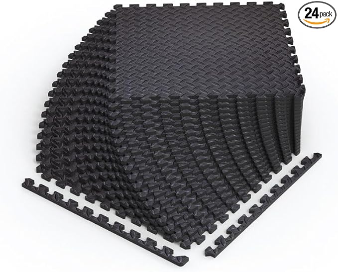 Norsk Foam Floor Gym Mats with Interlocking Tiles, .47" Thick, 24"x24", 24-Pack, 96 Square Feet, Diamond Plate Design, Black