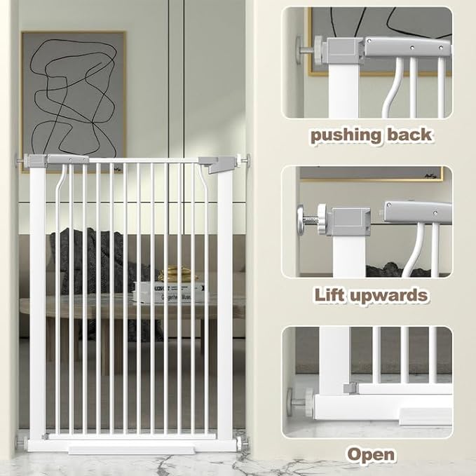41" Extra Tall Cat Gate for Doorway, 40.6-49.1'' Metal Pet Baby Safe Gate, Extra Wide Pressure Mounted Child Door with Expansion Kit, No Drilling Cat Fence Indoor, Tall Dog Gate, White