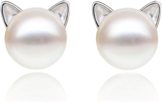 S.Leaf Cat Earrings Pearl Earrings Sterling Silver Earrings for Women Cat Memorial Gifts Cat Gifts for Cat Lovers Cat Jewelry for Women