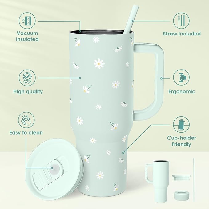 SANDJEST Daisy 40oz Tumbler with Handle and Straw – Flower Insulated Stainless Steel Travel Coffee Mug for Women Girls - Gift Idea for Birthday Christmas Mothers Day