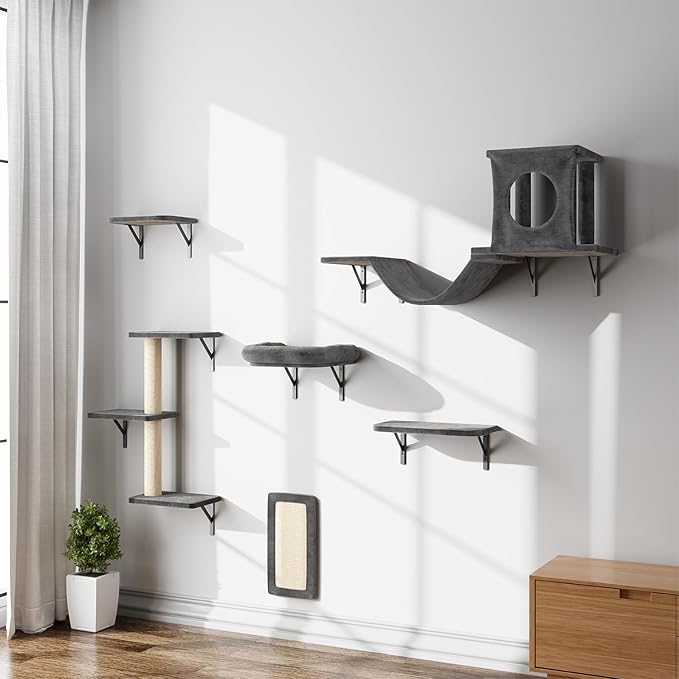 NUNU LAB Cat Wall Shelves, 6 Pcs Luxury Wall-Mounted Cat Climber Set, Indoor Cat Furniture with 1 Condos House, 2 Cat Wall Shelves, 1 Scratching, 1 Bridge Ladder, 1 Scratching Pad, Dark Gray