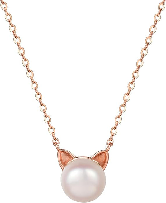 S.Leaf Cat Pearl Necklaces For Women Sterling Silver Cat Lovers Lady Gifts Pearl Opal Jewelry Pendant Collarbone Charm Necklace Best Friend Birthday Gifts for Women Trendy Sister Mom Wife Womens Her Friend Party