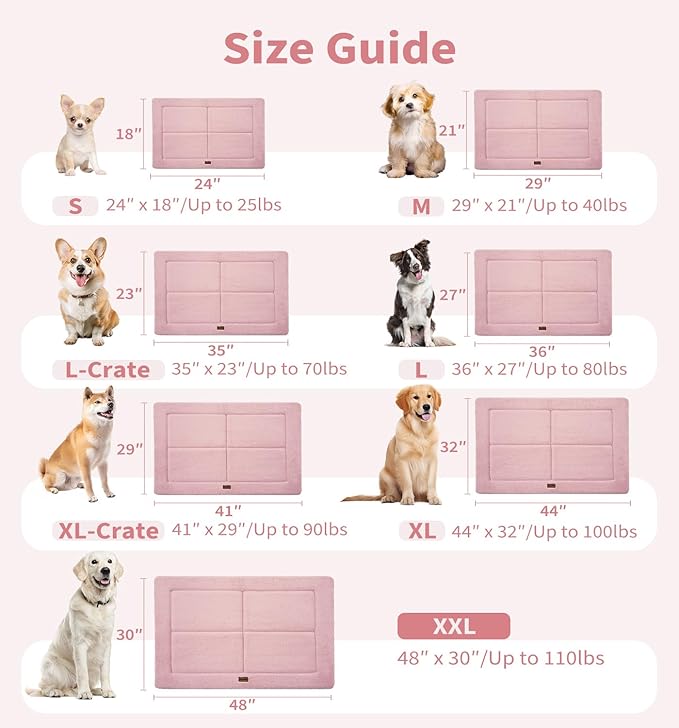 MADE 4 PETS Dog Crate Pad Bed for Large Dogs, Washable & Reversible, Anti-Slip Kennel Mat for Cozy Sleeping, Soft Fluffy Dog Bed for Indoor & Outdoor Use, 36"x27", Pink