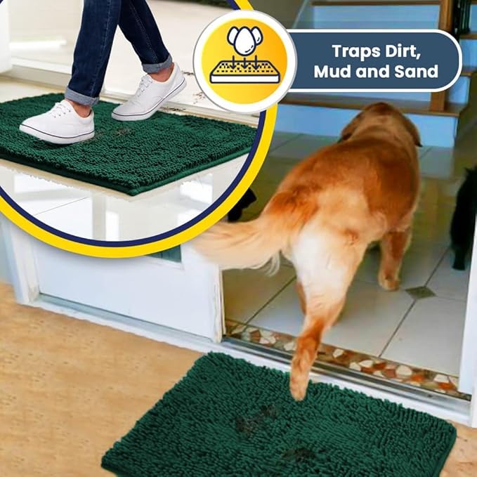 Muddy Mat® AS-SEEN-ON-TV Highly Absorbent Microfiber Dog Door Mat and Pet Rug, Non Slip Thick Washable Area and Bath Mat Soft Chenille for Kitchen Bathroom Bedroom and Indoor-Dark Green Runner 24"X60"