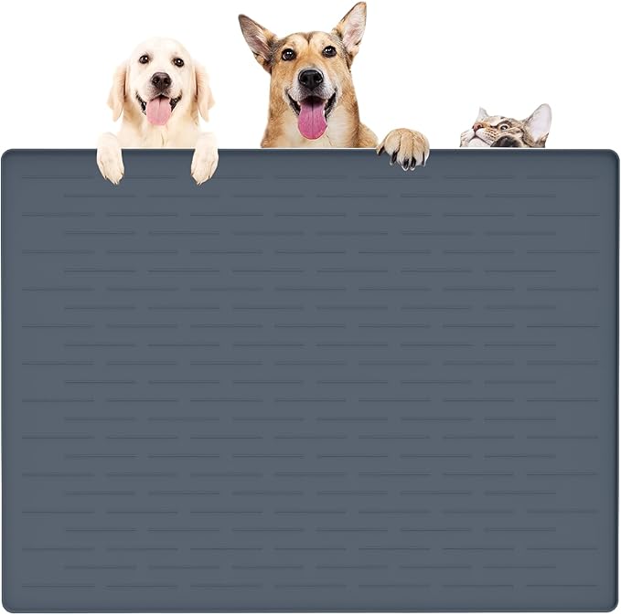 39.4"x29.5" Largest Pet Food Mat, Silicone Dog Mats for Food and Water, Nonslip Pet Feeding Mats for Floors,Dog Cat Bowl Mat with Raised Edges, Gray Blue
