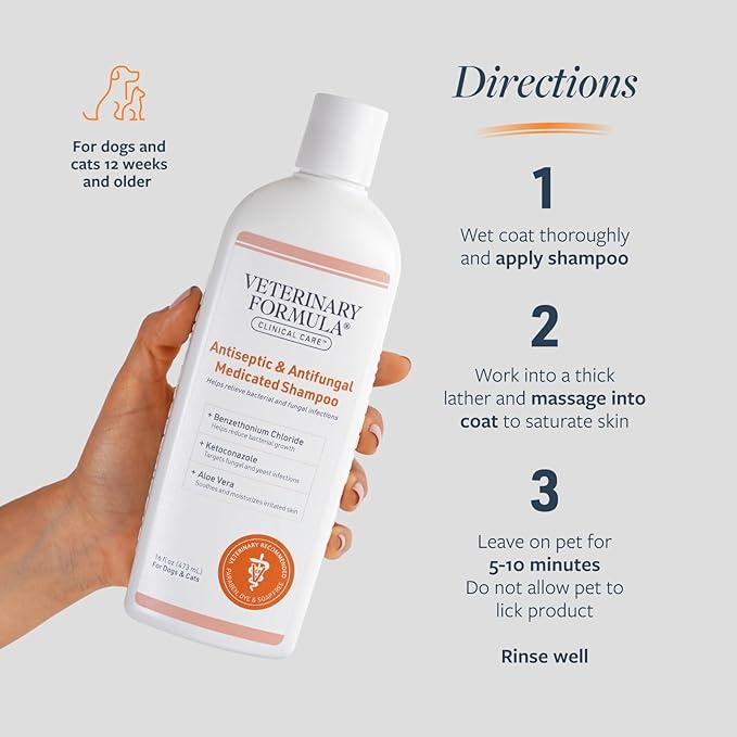 Veterinary Formula Clinical Care Antiseptic and Antifungal Medicated Shampoo for Dogs & Cats, 16 Fl Oz – Helps Alleviate Scaly, Greasy, red Skin – Paraben, Dye, Soap-Free (2 Pack)
