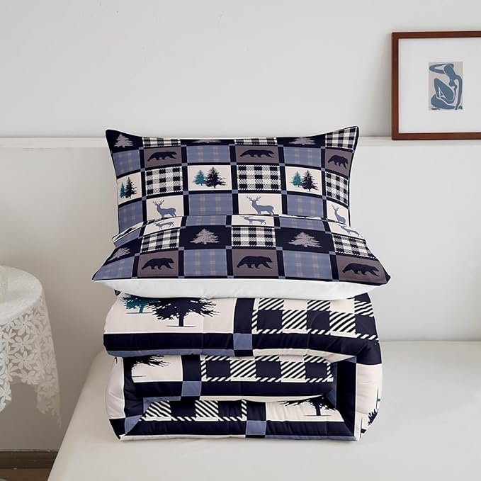 Rustic Bear Deer Patchwork Bedding Set - Lodge Decor, Vintage Farmhouse Wildlife Down Comforter Full, Geometric Grid Check Quilted Comforter with 2 Pillowcases
