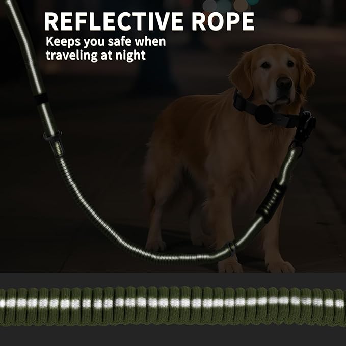 Heavy Duty Tactical Bungee Dog Leash, 4-6FT Shock Absorbing Tactical Dog Leash with 2 Padded Handles, Metal Carabiner Clip, Car Seatbelt, Reflective for Medium Large Dogs (ArmyGreen)