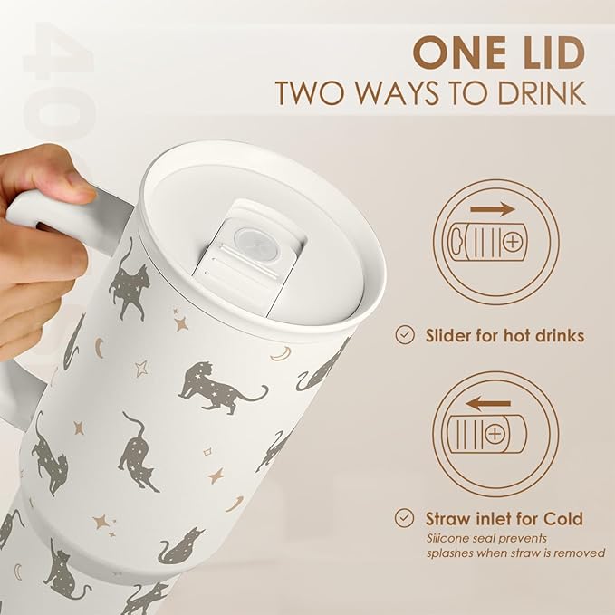 SANDJEST Gift for Cat Lovers Cat Mom – 40oz Stainless Steel Tumbler with Handle and Straw - Travel Coffee Mug for Women, Gift for Birthday, Christmas
