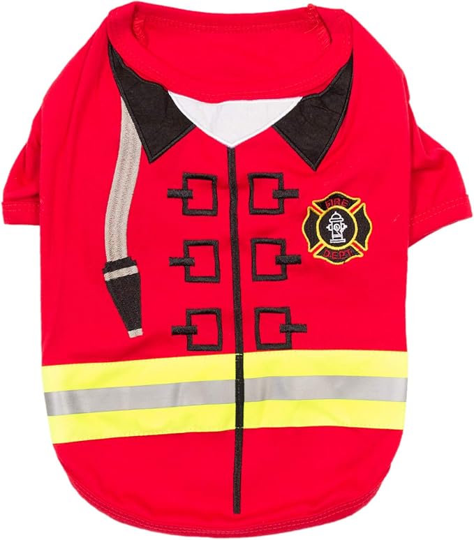 Parisian Pet Dog Shirt - Embroidered Dog Firefighter Costume - 100% Cotton and Polyester Dog Clothes - Sleeved Pet Costumes - Red Dog Costumes for Small Dogs - Lightweight Pet Shirts - S