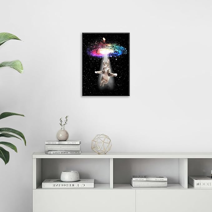 Funny Cat Wall Art Canvas Galaxy Wall Decor Prints Framed Painting Animal Pictures Gifts Artwork for Bathroom Living Dining Kitchen 12"x16"