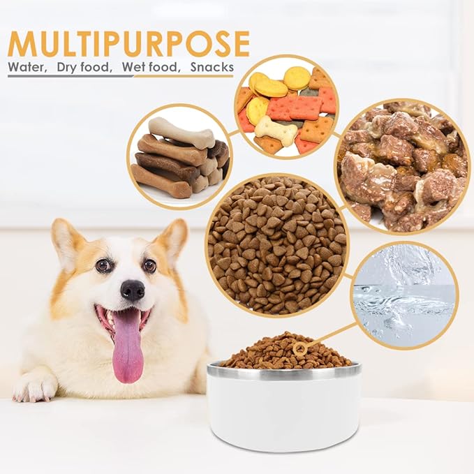IKITCHEN Dog Bowl for Food and Water, 64 Oz Stainless Steel Pet Feeding Bowl, Durable Non-Skid Double Wall Insulated Heavy Duty with Rubber Bottom for Medium Large Dogs (64 Ounces/8 Cup, White)