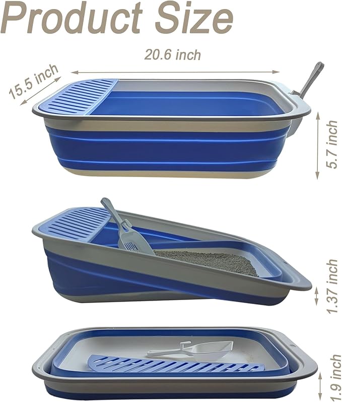 2 pcs Collapsible Kitten Litter Box,Low Entry Shallow Open Cat Potty Pan with Scoop Foldable Shallow Cat Toilet Travel Litter Box with Falling Sand Pedal for Kitty to Senior Cats 2PCS (Blue, Large)