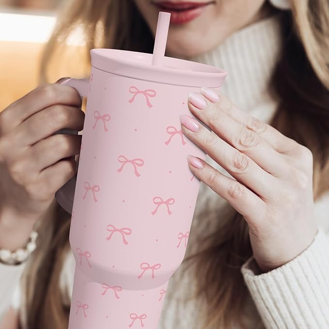 SANDJEST Gift for Women Girls - Coquette Bow Stainless Steel Tumbler with Handle, Travel Coffee Mug - Gifts for Birthday Christmas, 40oz