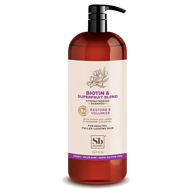 Soapbox Biotin Shampoo, Biotin & Collagen Super Fruit Shampoo for Thin, Fine, Thinning Hair | Volumizing & Repairing to Promote Hair Growth, Strength, Fullness, 1 Liter Pump Bottle