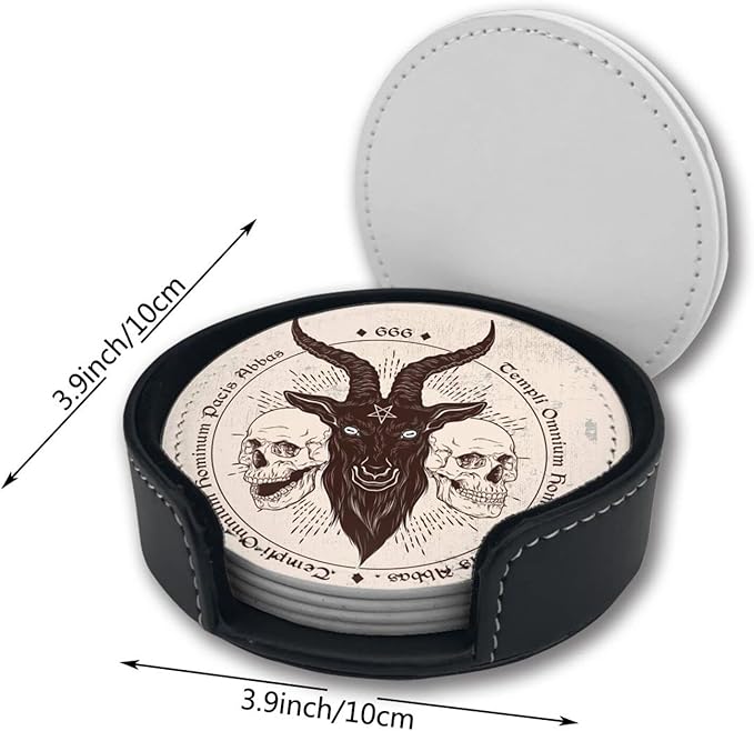 Satan Goat Skull Coasters for Drinks with Holder Leather Coasters Set of 6 for Coffee Table