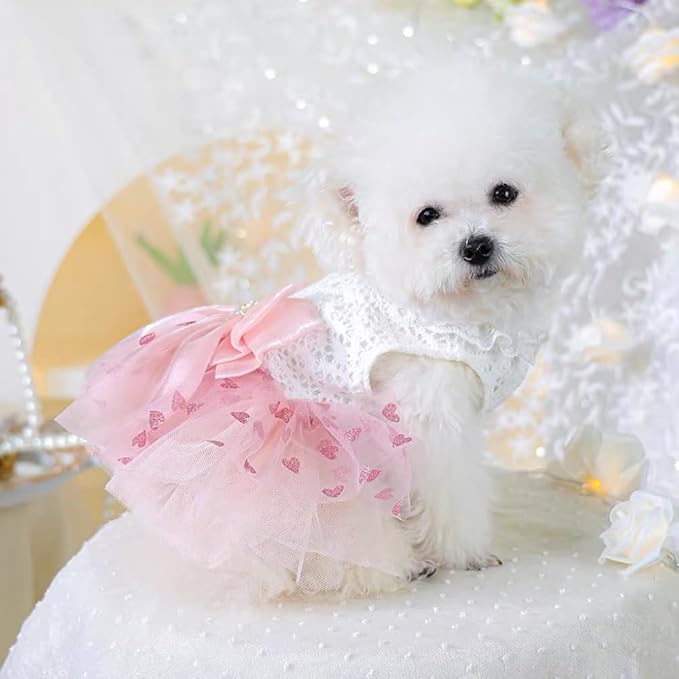 Pink Dog Dress for Small Dog Girl Spring Puppy Clothes with Bow Puff Sleeves Cat Outfit Doggy Princess with Leash Ring Doggies Harness Dress Summer Pet Apparel (Pink White, X-Small)
