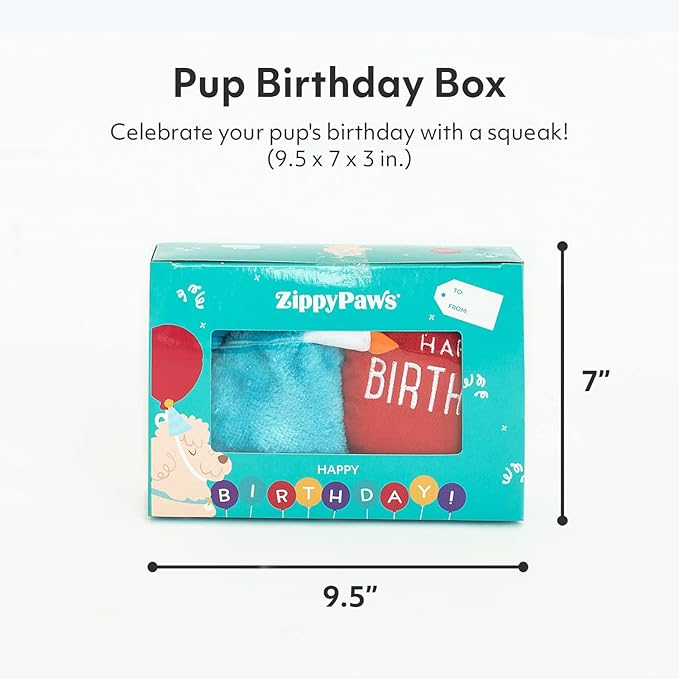 ZippyPaws Birthday Box - Dog Squeaky Toys to Keep Them Busy, Funny Food Plush for Small, Medium, & Large Dogs, Cute Stuffed Puppy Toy & Hat, Pet Products, Gift for Dogs of All Breeds - 3-Pack