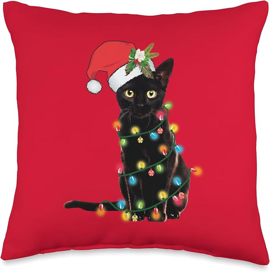 Santa Black Cat Tangled Up In Christmas Tree Lights Holiday Throw Pillow