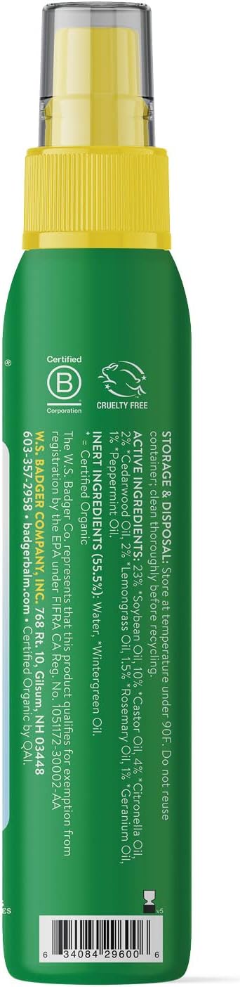 Badger Bug Spray, Family Friendly All Natural Mosquito Repellent w/Organic Essential Oils, Great Smelling Citronella Spray, Effective for 3 Hours, Deet-Free Vegan Insect Repellent, 4 fl oz, 2-Pack