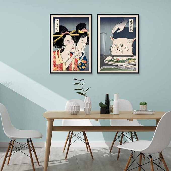 2 Funny Cute Canvas Paintings Japanese Woman Yelling at Cat Eat Food Poster Print Vintage Wall Art Meme Pictures Dining Room Kitchen Hallway Unframed 12x16 inches…